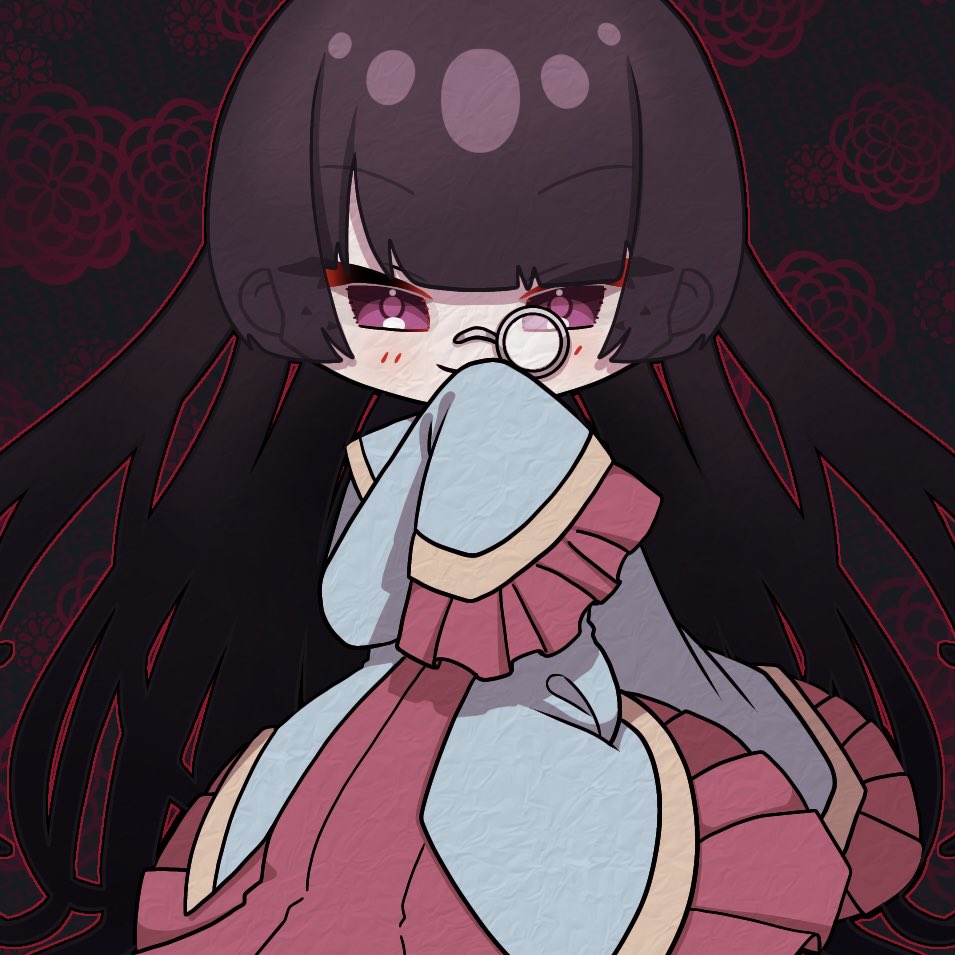alternate_hair_color aqua_kimono black_background black_hair blue_kimono blunt_bangs chibi erifura evil_smile evillious_nendaiki floral_background frilled_cuffs hime_cut japanese_clothes kimono kneeling light_blush long_hair long_sleeves looking_at_viewer ma_(evillious_nendaiki) megurine_luka monocle pink_eyes sleeves_past_fingers sleeves_past_wrists smile tsurime very_long_hair very_long_sleeves