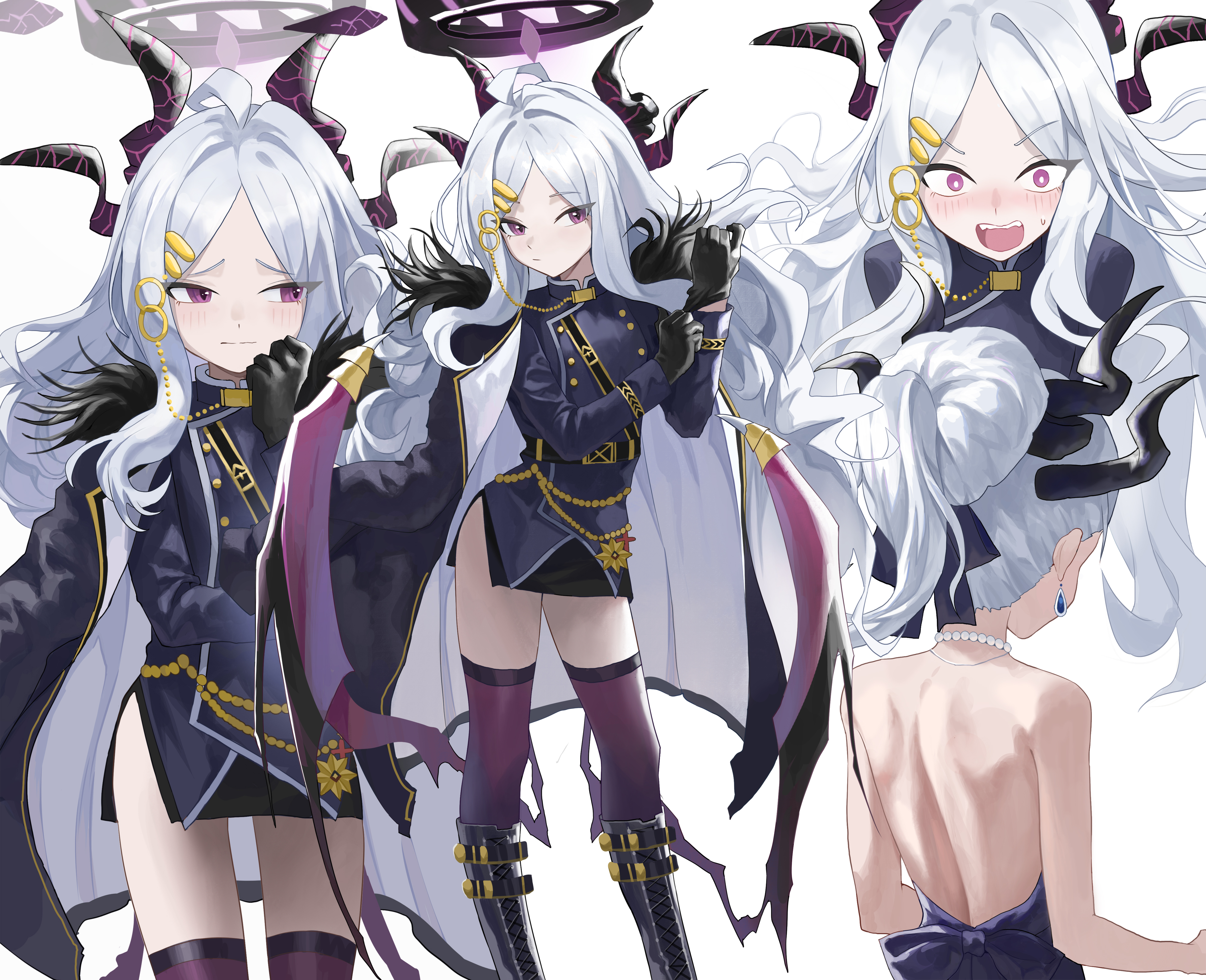 1girl 863255464 absurdres bare_back black_gloves black_horns blue_archive blush coat coat_on_shoulders demon_girl demon_horns demon_wings dress earrings glove_pull gloves hair_ornament hairclip halo highres hina_(blue_archive) hina_(dress)_(blue_archive) horns jewelry long_hair looking_at_viewer low_wings multiple_horns multiple_views necklace official_alternate_costume official_alternate_hairstyle parted_bangs purple_dress purple_eyes purple_wings simple_background strapless strapless_dress surprised thighhighs white_background wings zettai_ryouiki