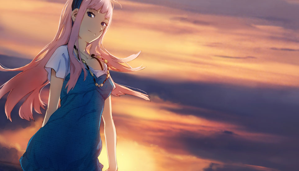 1girl alternate_costume blue_eyes dress female_focus hairband jewelry long_hair megurine_luka mitosa necklace outdoors pink_hair shirt short_sleeves sky smile solo standing sunset t-shirt vocaloid