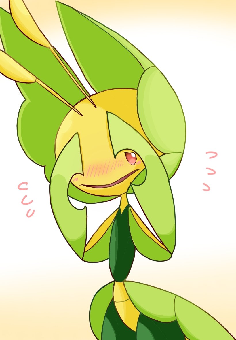1girl antennae arthropod_girl blush colored_skin covering_face cowboy_shot embarrassed female_focus flat_chest furry furry_female gen_5_pokemon green_skin half-closed_eyes hands_up leavanny looking_at_viewer monya multicolored_skin nintendo nose_blush pokemon pokemon_(creature) red_eyes shy solo standing yellow_skin