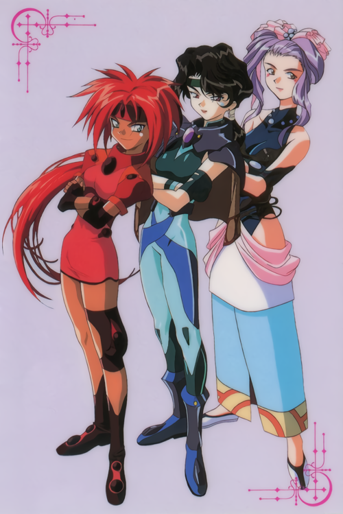 1990s_(style) afura_mann black_hair bodysuit boots capelet crossed_arms dark_skin dark-skinned_female el_hazard fingerless_gloves gloves headband long_hair miz_mishtal official_art purple_hair red_hair retro_artstyle shayla-shayla short_hair short_sleeves simple_background smile standing
