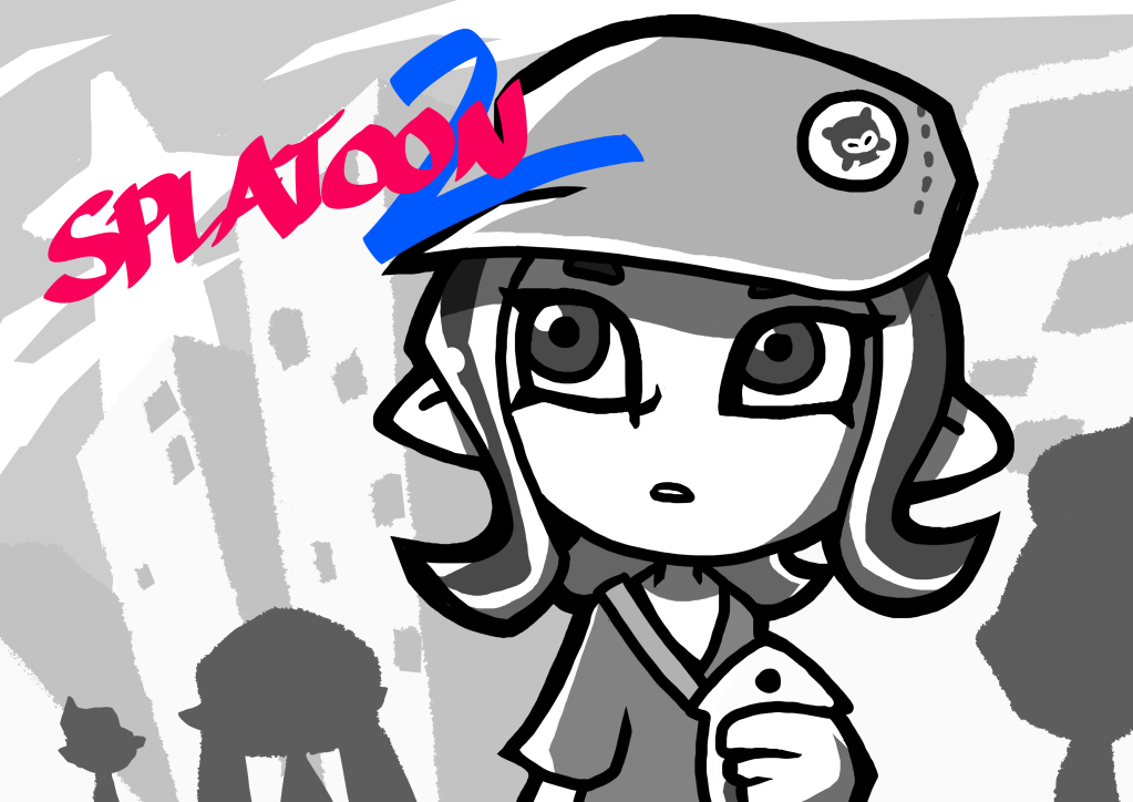 1girl badge button_badge cellphone copyright_name crossover flat_color greyscale hat holding holding_phone inkling inkling_boy inkling_girl inkling_player_character monochrome nintendo octoling octoling_player_character octorok open_mouth phone setz short_hair short_sleeves smartphone splatoon_(series) splatoon_2 splatoon_2:_octo_expansion tentacle_hair the_legend_of_zelda