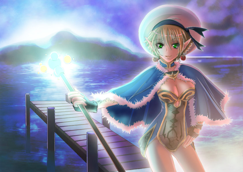 1girl alternate_color black_gloves blonde_hair blue_cape blue_dress breasts brown_dress cape cleavage cloud commentary_request cowboy_shot dock dress earrings fur-trimmed_cape fur_trim gloves green_eyes hand_on_own_hip hat high_wizard_(ragnarok_online) holding holding_staff jewelry large_breasts looking_at_viewer ocean open_mouth outdoors panda90 pier pointy_ears purple_sky ragnarok_online short_dress short_hair sky smile solo staff strapless strapless_dress tam_(ragnarok_online) two-tone_dress white_hat
