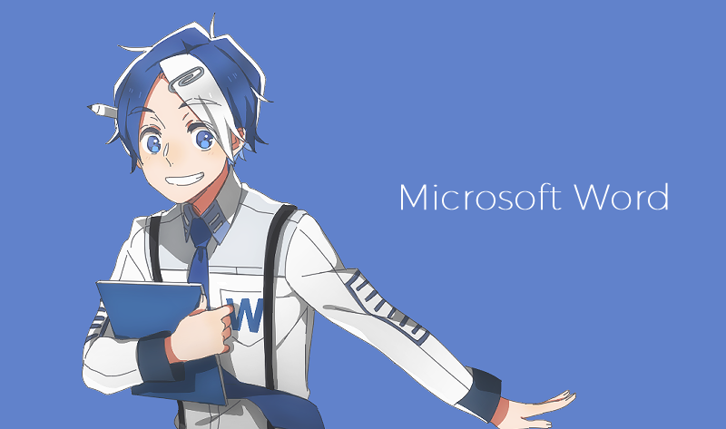 1boy blue_background blue_hair blue_necktie cioccolatodorima copyright_name grin logo long_sleeves looking_at_viewer male_focus microsoft_office microsoft_word multicolored_hair necktie paperclip paperclip_hair_ornament pencil personification simple_background smile solo suspenders two-tone_hair upper_body white_hair