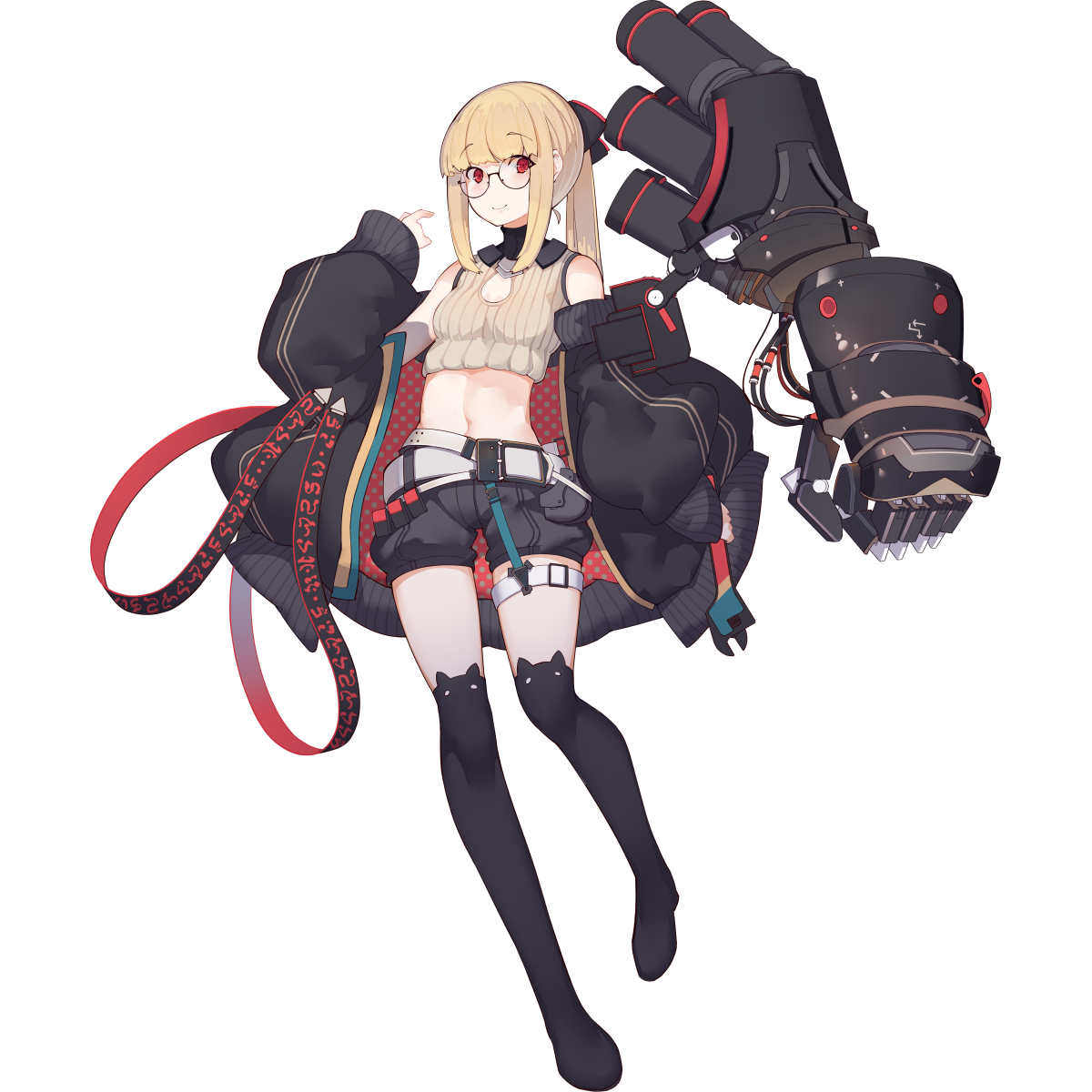 1girl aqua_belt artist_request bare_shoulders belt black-framed_eyewear black_boots black_coat black_collar black_ribbon black_shorts black_sleeve_cuffs black_sleeves blonde_hair blunt_bangs blush boots cat_ear_footwear chilino_(final_gear) clenched_hand closed_mouth coat collar cropped_sweater final_gear full_body glasses hair_ribbon highres holding holding_wrench leg_belt leg_up lone_nape_hair long_sidelocks looking_at_viewer mechanical_arms mechanical_hands midriff navel official_art polka_dot polka_dot_coat ponytail puffy_coat puffy_shorts puffy_sleeves red_eyes ribbon round_eyewear semi-rimless_eyewear shorts sidelocks simple_background single_mechanical_arm single_mechanical_hand sleeve_cuffs sleeveless sleeveless_sweater smile solo striped_coat sweater tachi-e thigh_boots third-party_source transparent_background two-sided_coat two-sided_fabric vertical-striped_coat vertical-striped_sleeves white_belt wrench yellow_sweater