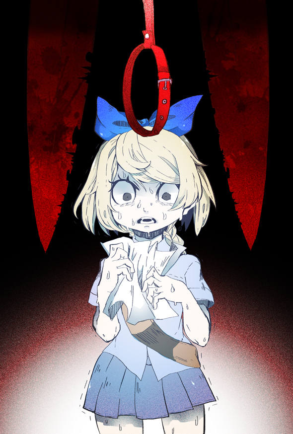 1girl backpack bad_id bad_pixiv_id bag blood blood_splatter blue_ribbon dark_background empty_eyes hair_ribbon haru_(yomawari) holding holding_paper noose open_mouth paper pleated_skirt reading ribbon ryuu_rats scared school_uniform scissors shin_yomawari shirt short_sleeves shoulder_bag skirt spoilers sweat nervous_sweating tears teeth thigh_gap trembling white_shirt wide-eyed yomawari_(series)