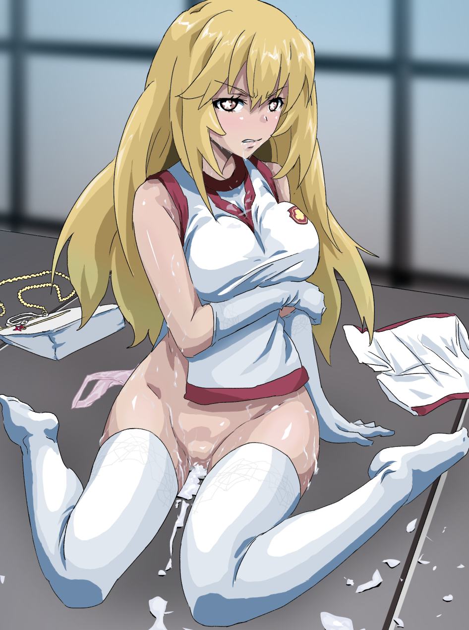 1girl after_rape arm_under_breasts bag blonde_hair breasts clenched_teeth commentary_request cum cum_in_pussy cumdrip elbow_gloves glaring gloves gym_shirt gym_shorts gym_uniform hair_between_eyes handbag highres indoors large_breasts long_hair looking_at_viewer on_floor panties ruha_(nowkigyou) school_emblem shirt shokuhou_misaki short_shorts shorts sitting sleeveless sleeveless_shirt solo sparkling_eyes teeth thighhighs toaru_kagaku_no_railgun toaru_kagaku_no_railgun_t toaru_majutsu_no_index tokiwadai_school_gym_uniform torn_clothes torn_shirt underwear unworn_panties unworn_shorts wariza white_gloves white_shirt white_shorts white_thighhighs yellow_eyes