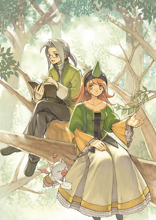 1990s_(style) 1boy 1girl bad_id bad_pixiv_id book branch dress earrings final_fantasy final_fantasy_iii glasses hairband in_tree jacket jewelry leaf letter long_hair luneth moogle nama_(tadpole) open_book orange_hair ponytail reading refia scholar_(final_fantasy) silver_hair sitting sitting_in_tree smile summoner summoner_(final_fantasy) tree