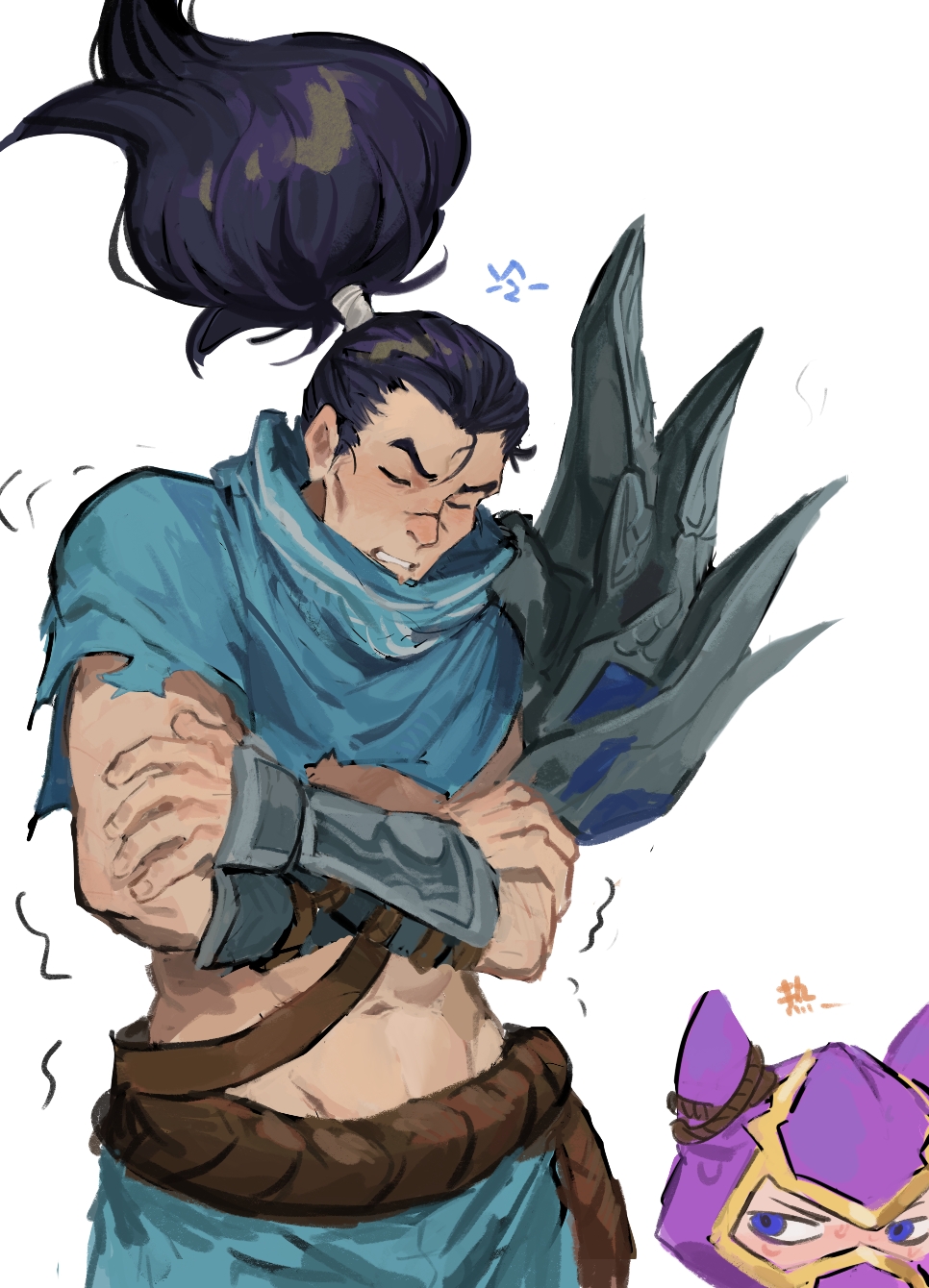 2boys armor black_hair capelet closed_eyes cowboy_shot crossed_arms ghostgrass grey_background highres kennen league_of_legends long_hair looking_at_another midriff multiple_boys navel ninja ponytail rope scar scar_on_face scar_on_nose shoulder_armor simple_background teeth torn_capelet torn_clothes translation_request yasuo_(league_of_legends) yordle