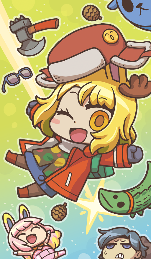3girls alligator animal animal_ears antlers aqua_hair assassin_(learning_with_manga!_fgo) axe babe_(fate) black_mittens black_pantyhose black_vest blonde_hair blue-framed_eyewear blue_background blue_eyes blue_skirt blunt_bangs blush_stickers boots bull chibi chibi_only closed_eyes coat commentary crocodilian fate/grand_order fate_(series) fur-trimmed_headwear fur_trim gloves gradient_background green_background hat horns jumping leotard long_hair looking_at_viewer medium_hair midair mittens multicolored_hair multiple_girls official_art one_eye_closed open_mouth orange_eyes outstretched_arms pantyhose paul_bunyan_(fate) pinecone pink_boots pink_hair pink_leotard polka_dot_vest print_vest rabbit_ears rabbit_girl red_boots red_coat red_hat rider_(learning_with_manga!_fgo) riyo_(lyomsnpmp) scarf shooting_star short_hair sidelocks skirt small_sweatdrop smile solo_focus sunglasses super_bunyan_(fate) super_bunyan_(first_ascension)_(fate) teeth third-party_source two-tone_hair unworn_eyewear ushanka vest white_gloves white_scarf