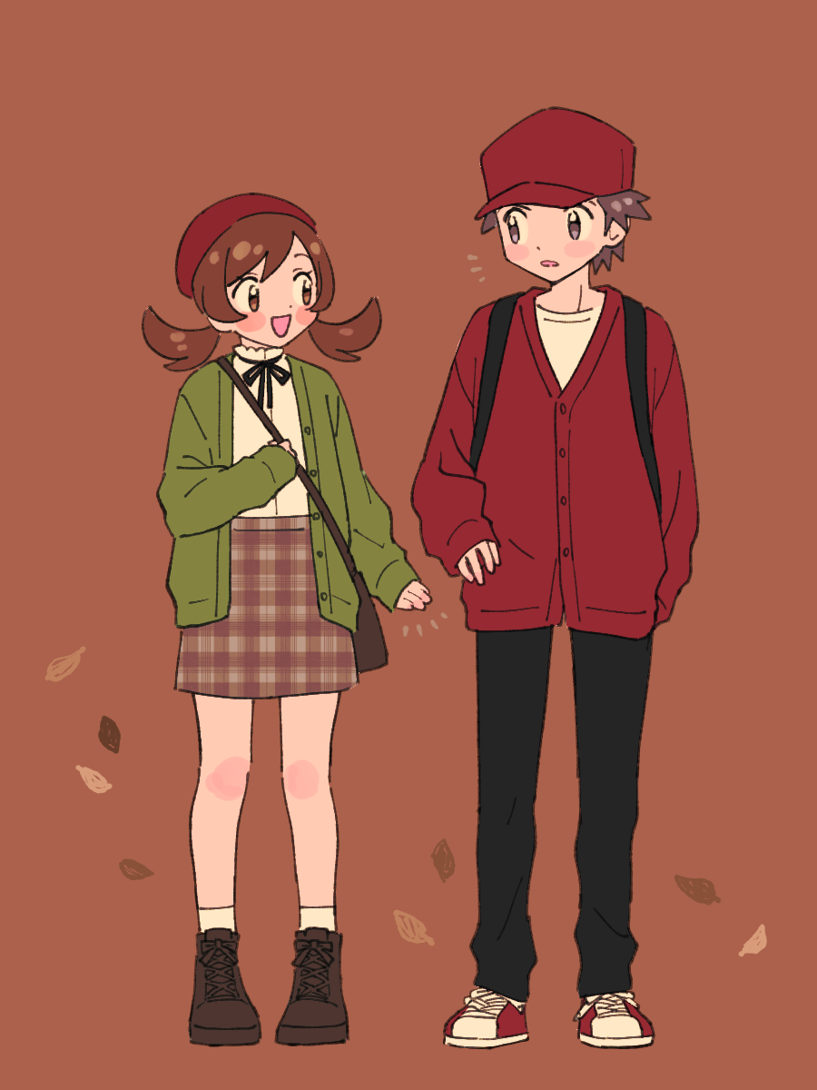 1boy 1girl alternate_costume backpack bag beret black_pants boots brown_boots brown_eyes brown_hair cardigan commentary_request creatures_(company) game_freak green_cardigan hand_in_pocket handbag hat highres leaf lyra_(pokemon) miniskirt nintendo open_hand pants plaid_clothes plaid_skirt pokemon pokemon_hgss pumpkinpan red_(pokemon) red_cardigan red_hat red_shoes shoes skirt sleeves_past_wrists twintails