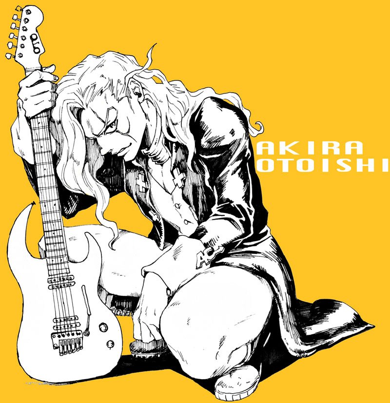 1boy aikawa_taro character_name coat electric_guitar full_body guitar instrument jojo_no_kimyou_na_bouken long_hair male_focus monochrome otoishi_akira profile scar scar_across_eye scar_on_face solo squatting whammy_bar yellow_background