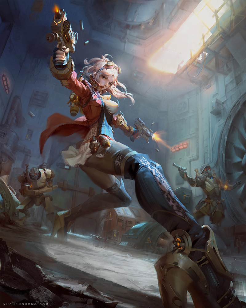 1girl 2boys ass blue_eyes breasts dual_wielding explosive firing foreshortening from_below goggles goggles_on_head granade grenade gun handgun helmet high_heels holding lips looking_to_the_side multiple_boys open_mouth original pink_hair ponytail skin_tight skinight steampunk thigh_strap weapon yu_cheng_hong