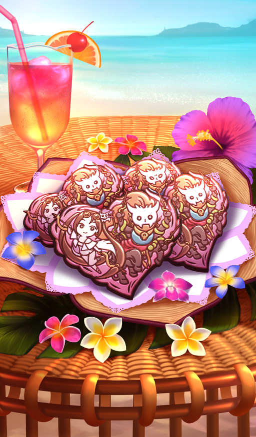beach blue_sky candy character-themed_food cherry chocolate chocolate_heart commentary condensation cookie cup dessert drinking_glass drinking_straw fate/grand_order fate_(series) flower flower_request food food_focus fruit garnish goblet_glass heart heart-shaped_cookie heart-shaped_food hibiscus horizon ichihashi_makoto icing no_humans official_art orange_(fruit) orange_slice outdoors pink_flower purple_flower sand sky still_life third-party_source tropical_drink water white_flower xiang_yu_(fate) yu_mei-ren_(fate) yu_mei-ren_(swimsuit_lancer)_(fate)