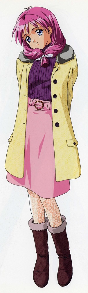 1990s_(style) 1girl arms_behind_back blue_eyes boots dress female_focus front_ponytail full_body jacket kokura_masashi long_hair official_art pantyhose pink_hair retro_artstyle scan shirayuki_miho smile solo tokimeki_memorial tokimeki_memorial_2 white_pantyhose