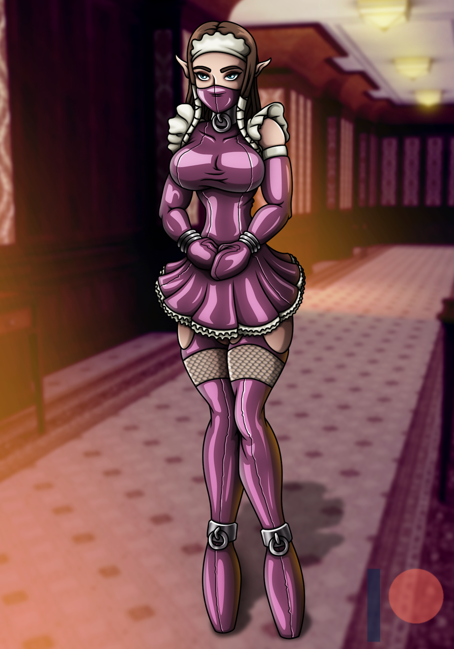1girl ankle_cuffs bandages bare_shoulders bdsm blue_eyes body_blush bondage bondage_mittens bound bracelet breasts brown_hair carpet ceiling cloth_gag collar deep_skin door drawer dress ears elbow_gloves eyelashes eyeliner eyeshadow feet female female_focus fishnets gag gagged garter_straps gloves hallway head hentai-foundry_username high_heels highres improvised_gag jewelry knees large_breasts latex latex_dress latex_gloves latex_legwear legs light long_hair maid_headdress makeup mascara neck nintendo patreon patreon_logo patreon_username pointy_ears princess_zelda purple_dress purple_eyeshadow purple_footwear purple_garter_straps purple_gloves remaker shadow shiny_clothes shiny_legwear shiny_skin silver_bracelet silver_collar the_legend_of_zelda the_legend_of_zelda:_twilight_princess thick_eyebrows thick_eyelashes thick_thighs thighs very_long_hair white_trim wide_hips wooden_ceiling wooden_door wooden_wall