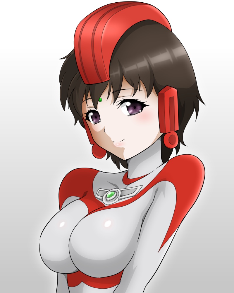 1girl aiueo8371 animification black_hair blush bodysuit breasts closed_mouth collarbone color_timer commentary cosplay forehead_jewel gem gradient_background green_gemstone headgear hoshi_ryouko humanization large_breasts looking_at_viewer multicolored_bodysuit purple_eyes red_bodysuit self_cosplay short_hair silver_bodysuit skin_tight smile solo tokusatsu two-tone_bodysuit ultra_series ultraman_80_(series) upper_body white_background yullian yullian_(cosplay)