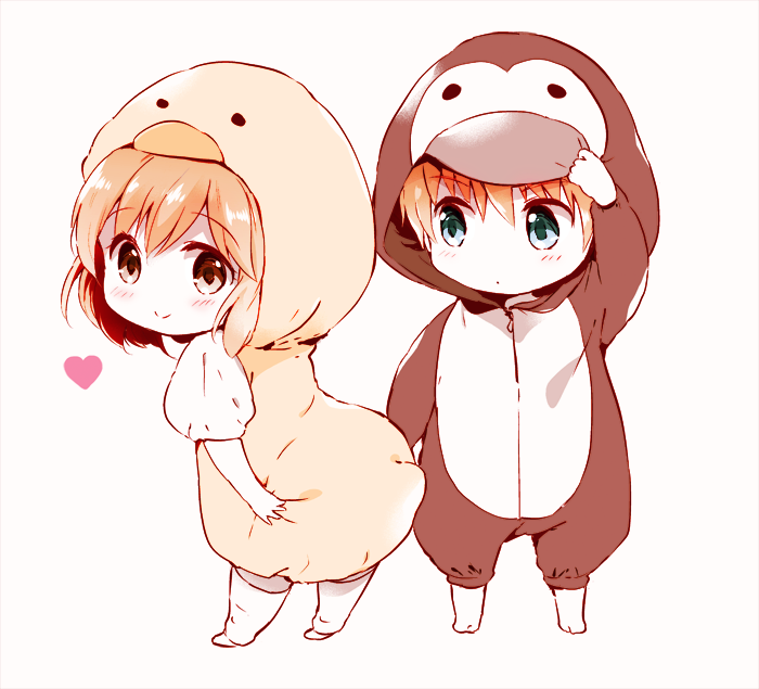 1boy 1girl akina_tsukako arm_up blonde_hair blue_eyes brown_eyes closed_mouth clothes_grab commentary_request costume deformed djeeta_(granblue_fantasy) duck_costume feather_(granblue_fantasy) granblue_fantasy heart light_blush looking_at_another looking_at_viewer looking_back short_hair simple_background smile standing white_background