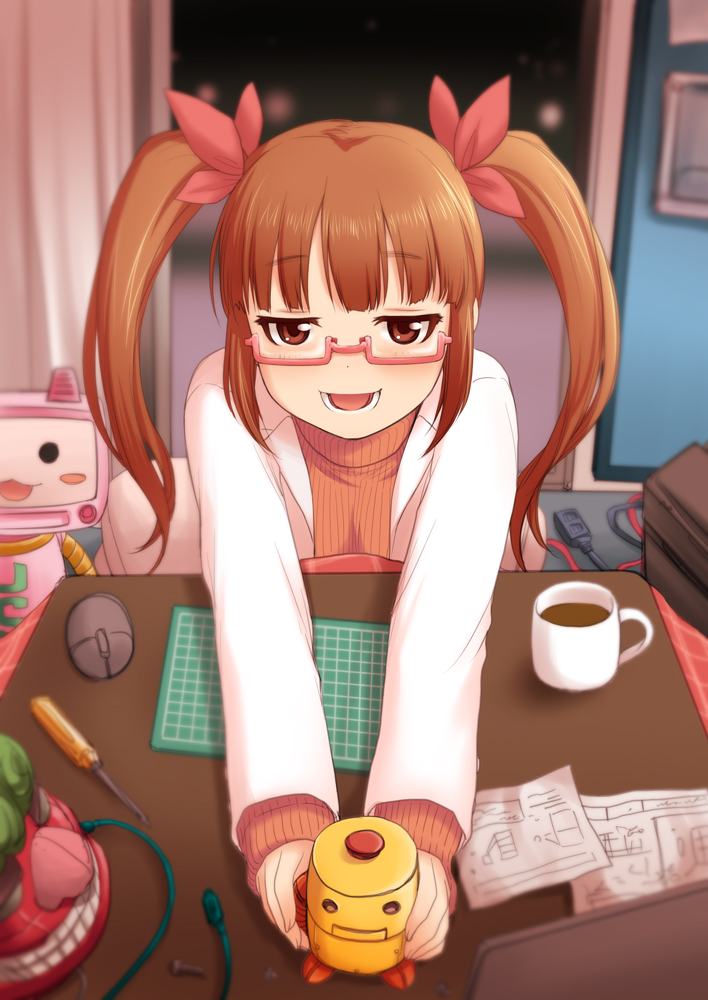 1girl brown_eyes brown_hair commission computer_mouse cup glasses idolmaster idolmaster_cinderella_girls ikebukuro_akiha indoors lab_coat looking_at_viewer open_mouth robot sakaki_imasato skeb_commission smile solo sweater twintails