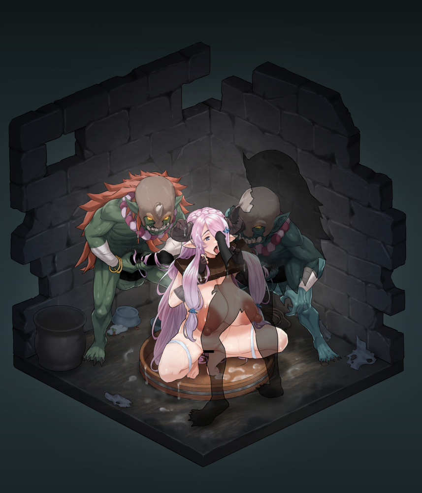 1girl 3boys bound breasts captured censored goblin goblin_male granblue_fantasy hair_over_one_eye horns huge_areolae huge_breasts large_areolae large_nipples multiple_boys narmaya_(granblue_fantasy) nipples nude penis purple_hair tianzhong_zhongtian tongue tongue_out transparent