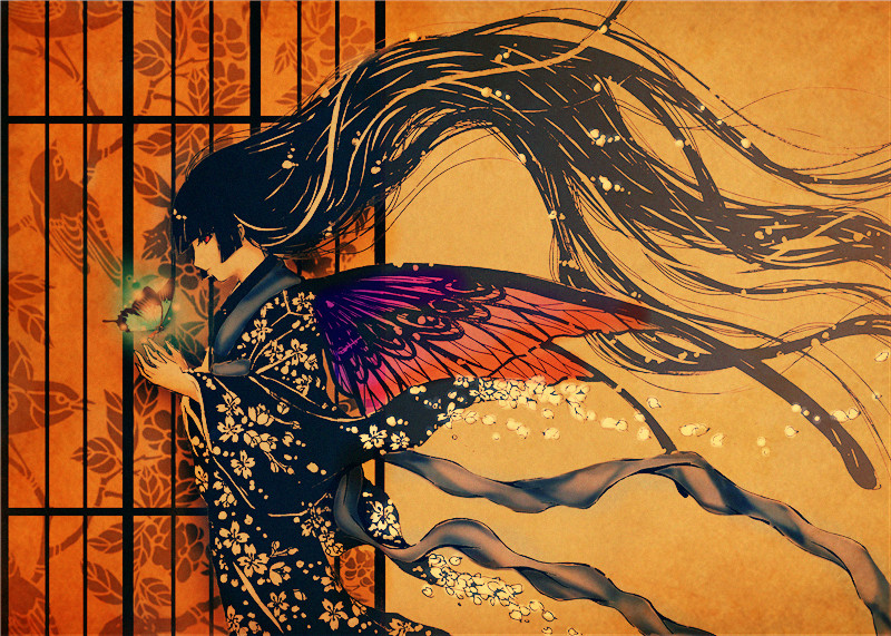 1girl black_hair black_kimono blunt_bangs branch bug butterfly butterfly_wings enma_ai floating_hair floral_print floral_print_kimono from_side furisode insect insect_wings japanese_clothes jigoku_shoujo kimono long_hair long_sleeves petals print_kimono profile red_eyes sammi_hisame sash solo very_long_hair white_petals wide_sleeves wings