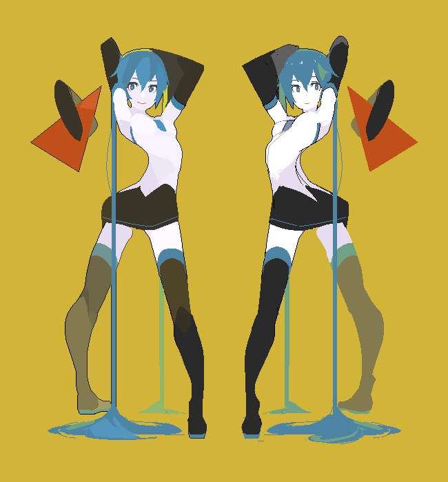 2girls arms_up bad_id bad_pixiv_id black_skirt blue_hair detached_sleeves full_body hatsune_miku long_hair mirror_twins multiple_girls sentakki shapes shirt simple_background skirt smile thighhighs twintails twisted_torso very_long_hair vocaloid