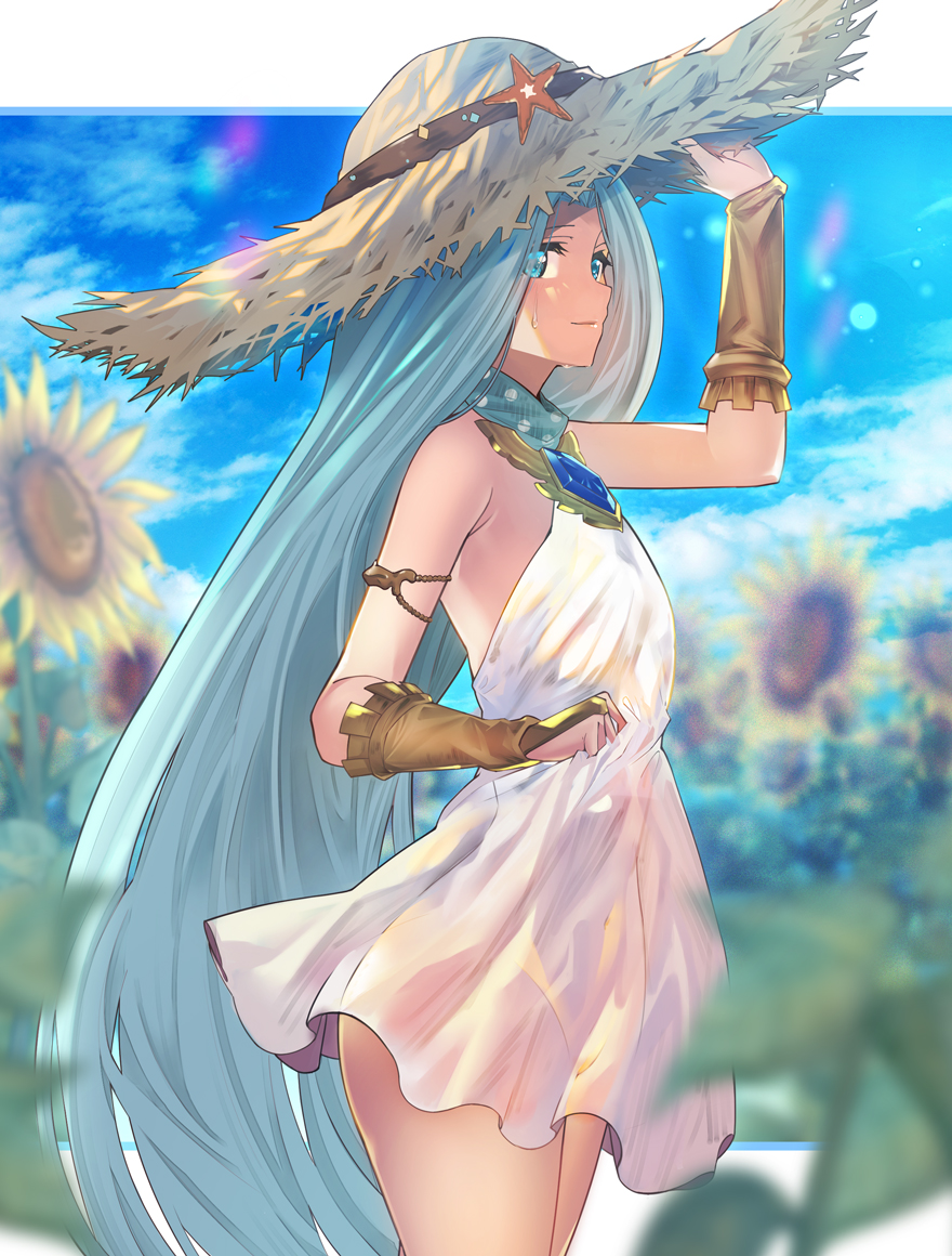 1girl arm_up bare_shoulders blue_eyes blue_hair blue_sky blurry breasts bridal_gauntlets closed_mouth cloud cowboy_shot day depth_of_field dress flower from_side granblue_fantasy grey_hat hat long_hair looking_at_viewer looking_to_the_side lyria_(granblue_fantasy) no_panties outdoors pussy reki_(dezuko) see-through_clothes sky sleeveless sleeveless_dress small_breasts smile solo standing straight_hair straw_hat sun_hat sunflower very_long_hair white_dress