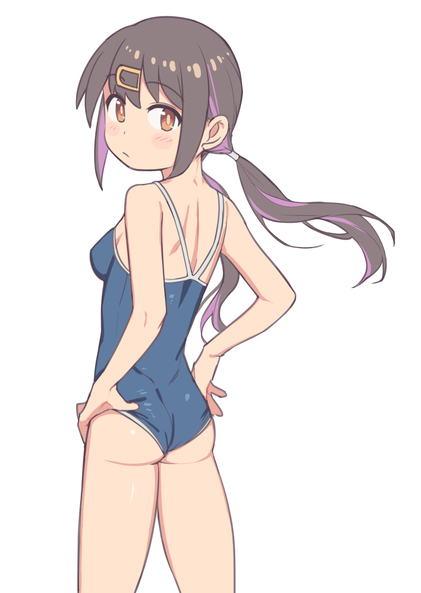 1girl alternate_hairstyle ass bare_arms bare_legs bare_shoulders black_hair blue_one-piece_swimsuit breasts broken competition_school_swimsuit from_behind hair_ornament hairclip hands_on_own_hips highres light_blush long_hair looking_at_viewer looking_back low_twintails medium_breasts multicolored_hair one-piece_swimsuit onii-chan_wa_oshimai! oyama_mihari purple_hair saiste school_swimsuit shoulder_blades simple_background solo streaked_hair swimsuit twintails two-tone_hair white_background