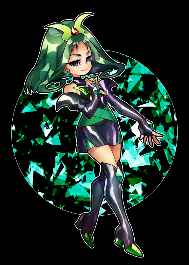 1girl bike_shorts bike_shorts_under_skirt black_background black_boots black_dress black_gloves boots brooch butterfly_brooch butterfly_earrings closed_mouth commentary_request crystal dark_cure_(yes!_precure_5) dark_mint dark_persona dress dual_persona earrings elbow_gloves fingerless_gloves full_body gloves green_eyes green_hair green_shorts hair_ornament hairclip jewelry knee_boots looking_at_viewer magical_girl medium_hair minaguchi_yuuko precure ribbon senmu_(0107) shorts shorts_under_skirt simple_background smile solo yes!_precure_5