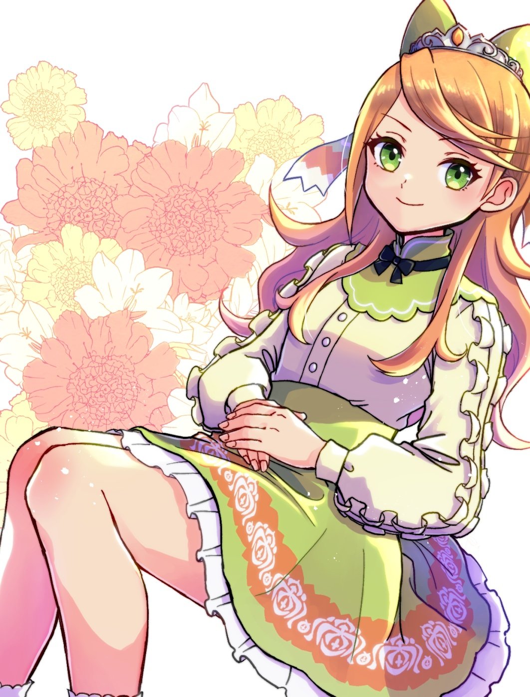 1girl bow closed_mouth dress etie_(fire_emblem) fire_emblem fire_emblem_engage gogatsu_(yeaholiday) green_bow green_eyes highres long_hair looking_at_viewer nintendo official_alternate_costume orange_hair smile solo swept_bangs white_background