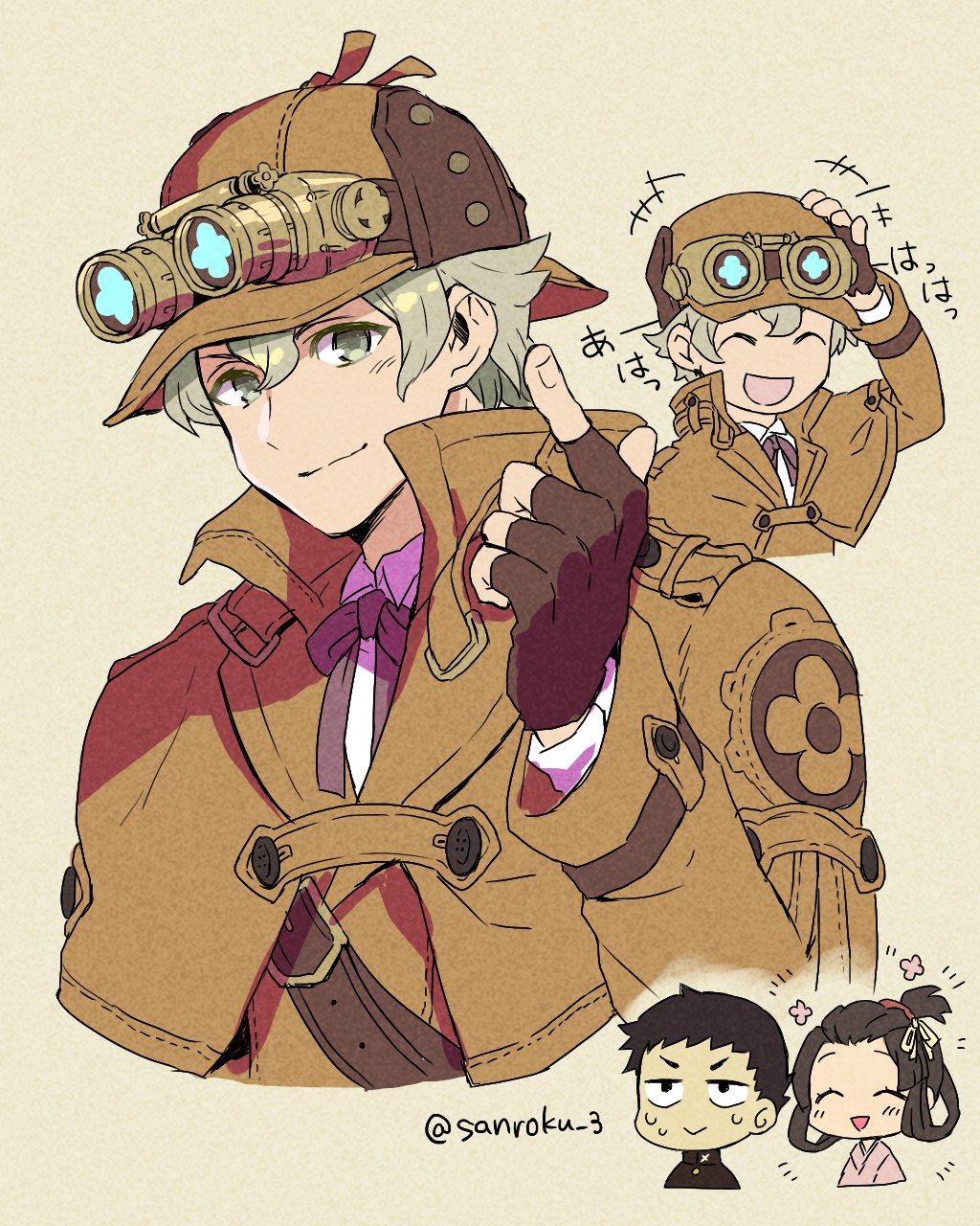 1girl 2boys ace_attorney black_hair black_jacket blonde_hair brown_gloves brown_hair brown_headwear brown_jacket chibi closed_eyes fingerless_gloves gloves goggles goggles_on_head hair_between_eyes hair_ribbon hand_on_own_head herlock_sholmes highres jacket japanese_clothes kimono multiple_boys open_mouth parted_bangs pink_kimono pointing ribbon ryunosuke_naruhodo sanroku_3 short_hair sidelocks smile susato_mikotoba sweatdrop the_great_ace_attorney upper_body wavy_hair yellow_eyes