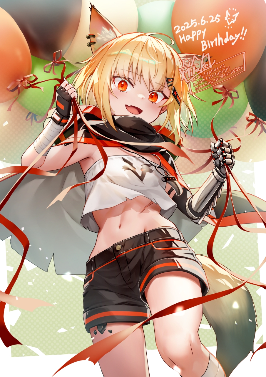 1girl animal_ear_piercing animal_ears arknights balloon black_gloves black_shorts blonde_hair extra_ears fang fingerless_gloves fox_ears fox_girl fox_tail gloves groin happy_birthday highres looking_at_viewer material_growth midriff mitake_eil navel oripathy_lesion_(arknights) prosthesis prosthetic_arm red_eyes shirt short_hair short_shorts shorts skin_fang solo tail vermeil_(arknights) white_shirt