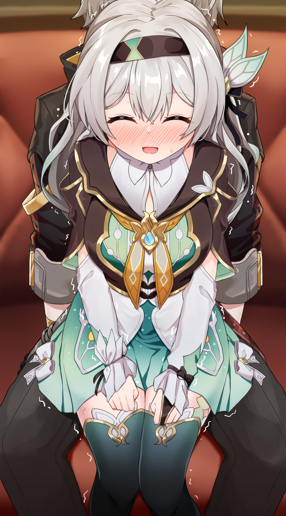 1boy 1girl aqua_skirt aqua_thighhighs black_hairband black_jacket blush bridal_gauntlets caelus_(honkai:_star_rail) closed_eyes commentary_request firefly_(honkai:_star_rail) grey_hair hair_intakes hair_ornament hairband highres honkai:_star_rail honkai_(series) implied_sex jacket nenosame open_mouth single_bridal_gauntlet sitting sitting_on_person skirt sweat thighhighs trailblazer_(honkai:_star_rail) trembling