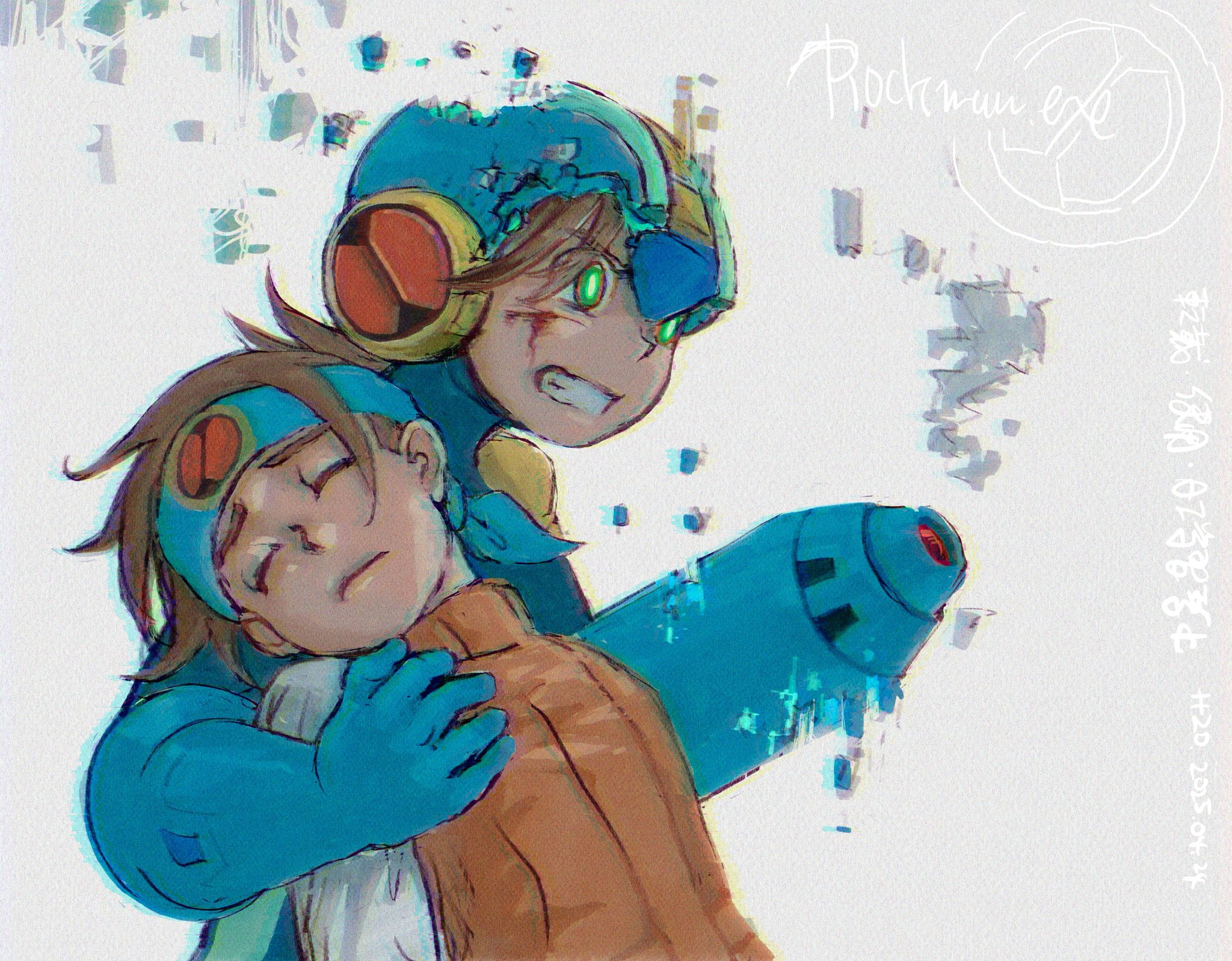 2boys arm_cannon battle_damage blue_helmet broken_helmet brothers brown_hair clenched_teeth closed_eyes green_eyes grey_background h2o_(gueguecamp) helmet highres male_focus mega_man_(series) mega_man_battle_network_(series) megaman.exe multiple_boys orange_vest shirt siblings simple_background teeth twins upper_body vest weapon white_shirt