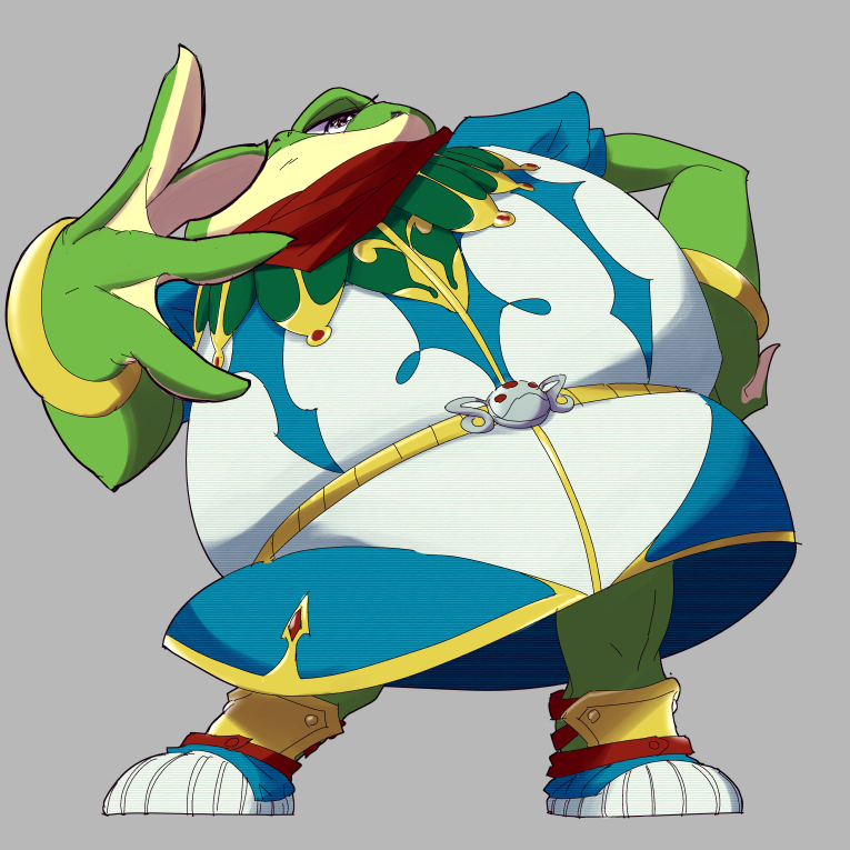 1boy belt breath_of_fire breath_of_fire_ii ekaru_hoppe_de_pe_tapeta full_body grey_background grey_eyes hand_on_own_hip male_focus one_eye_covered ooo shoes short_sleeves smile solo standing
