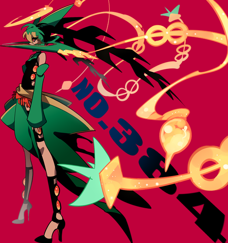 1girl black_sclera black_shirt black_shoes colored_sclera commentary_request detached_sleeves from_side full_body game_freak gen_3_pokemon green_hair green_skirt green_sleeves high_heels legendary_pokemon looking_ahead mega_pokemon mega_rayquaza nintendo personification pokedex_number pokemon rayquaza red_background red_eyes sameyama_jiro shirt shoes skirt solo