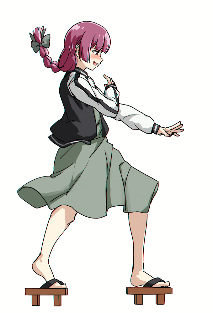1girl black_jacket bocchi_the_rock! dress fighting_game full_body geta green_dress guilty_gear hiroi_kikuri jacket kuradoberi_jam open_clothes open_jacket purple_hair simple_background solo standing torako_(toramaru) white_background