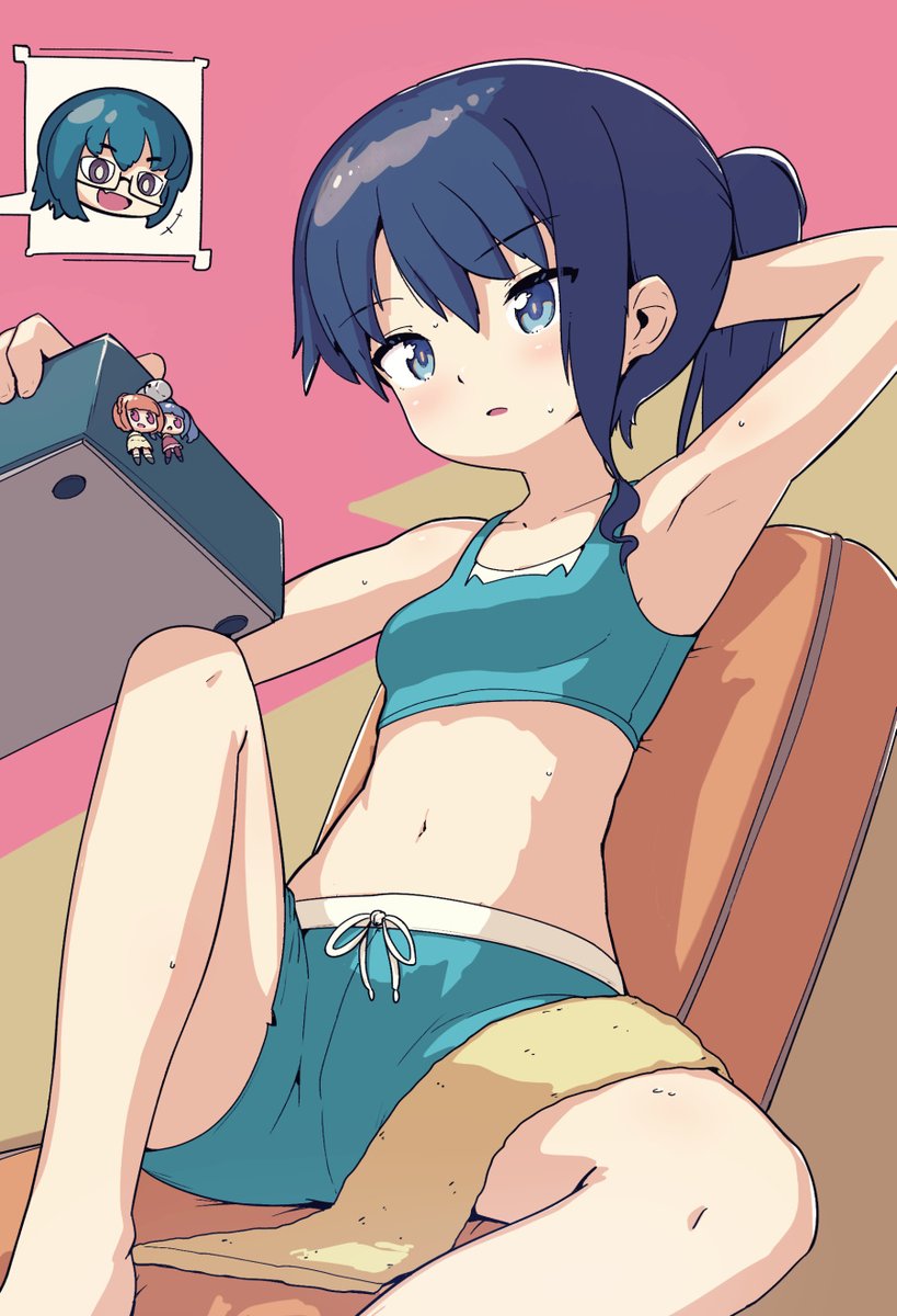 1girl aikawa_aika alice_gear_aegis blue_eyes blue_hair blue_shorts character_charm character_doll charm_(object) crop_top doll glasses highres ichijou_ayaka itokura_neo koashi_mutsumi ponytail shorts shuuzen_(shu-zen) towel