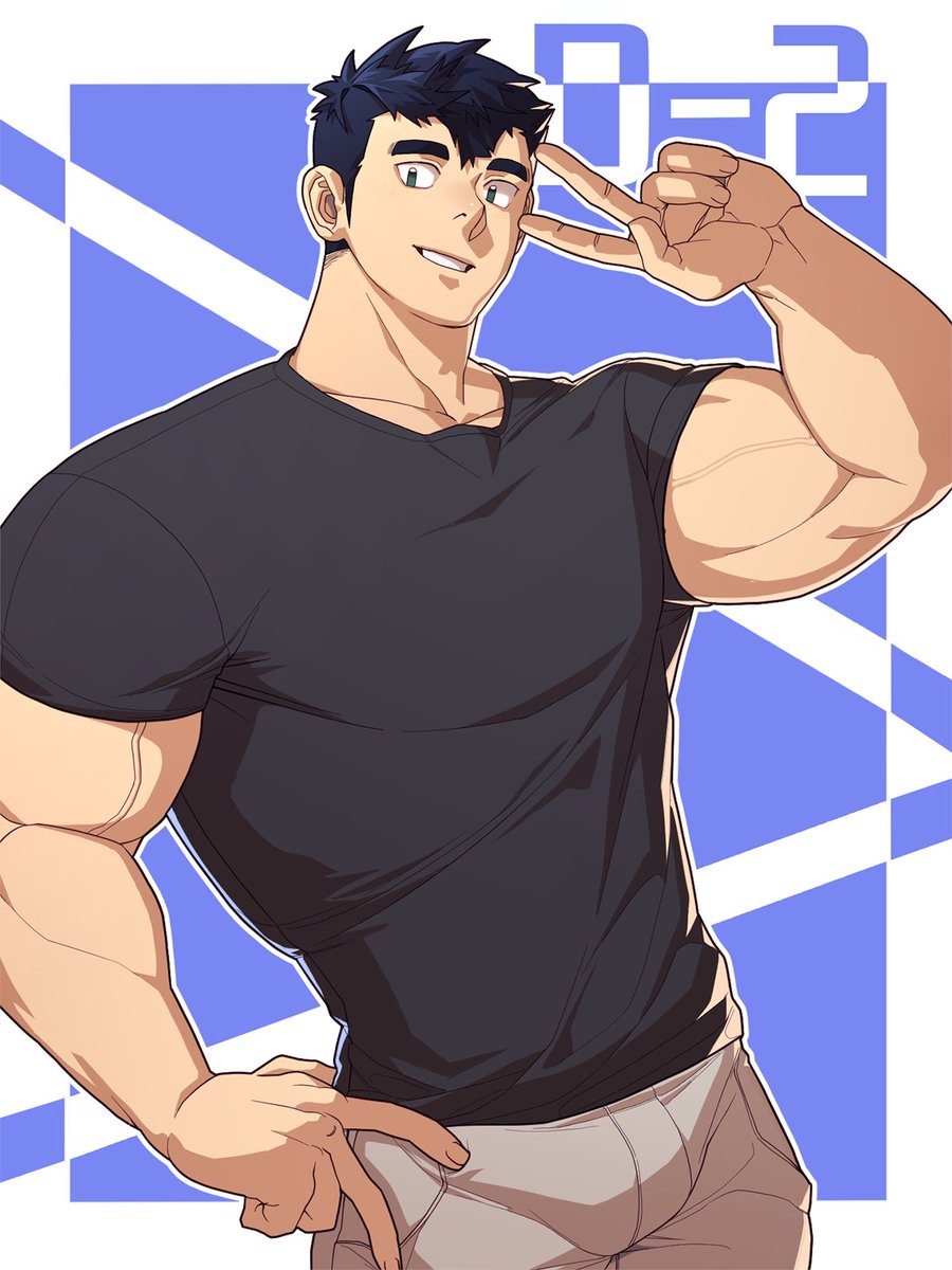 1boy bara black_hair black_shirt brown_pants highres large_pectorals looking_at_viewer male_focus muscular muscular_male official_art oji-mama_(skskdan) pants pectorals shirt short_hair simple_background solo souichi_hoshiura ttn_(239_239) v