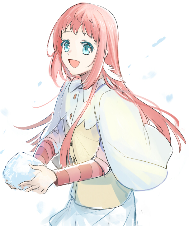1girl aki_(neyuki41028) alternate_costume blue_eyes capelet feather_hair_ornament feathers female_focus floating_hair hair_ornament holding long_hair long_sleeves miniskirt mukaido_manaka nagi_no_asukara pink_hair simple_background skirt snow solo standing striped_sleeves very_long_hair white_background white_capelet white_feathers white_skirt