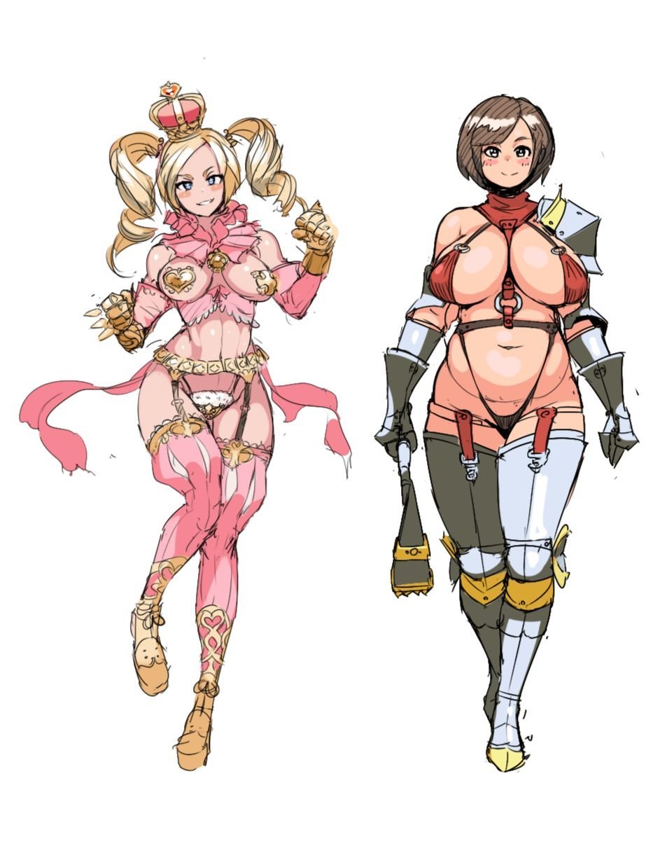 2girls armor armored_boots bare_hips belly bikini_armor black_eyes blonde_hair blue_eyes blush bob_cut boots breasts brown_hair collar corset couter crown cuisses detached_collar detached_sleeves drill_hair elbow_pads female_knight fleur-de-lis frilled_collar frilled_corset frills full_body fur-trimmed_panties fur_trim garter_belt garter_straps gauntlets greaves grin high_heel_boots high_heels highres holding holding_weapon jewelry knee_pads knight large_breasts looking_at_viewer medium_breasts metal_belt multiple_girls navel necklace nisetanaka no_bra original panties pasties pauldrons pink_collar pink_corset pink_thighhighs poleyn pregnant queen sabaton short_hair shoulder_armor slingshot_swimsuit smile smug spiked_gauntlets swimsuit teeth thighhighs turtleneck twintails underwear vambraces walking warhammer weapon white_background