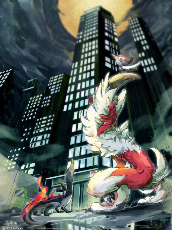 animal_ears artist_name bad_id bad_twitter_id bird blue_eyes building cloud dog_ears feathered_wings fire gen_7_pokemon lycanroc lycanroc_(midnight) moon night night_sky nintendo no_humans pikipek pokemon pokemon_(creature) pokemon_sm purple_eyes rain red_eyes salandit sky torisudesu wings