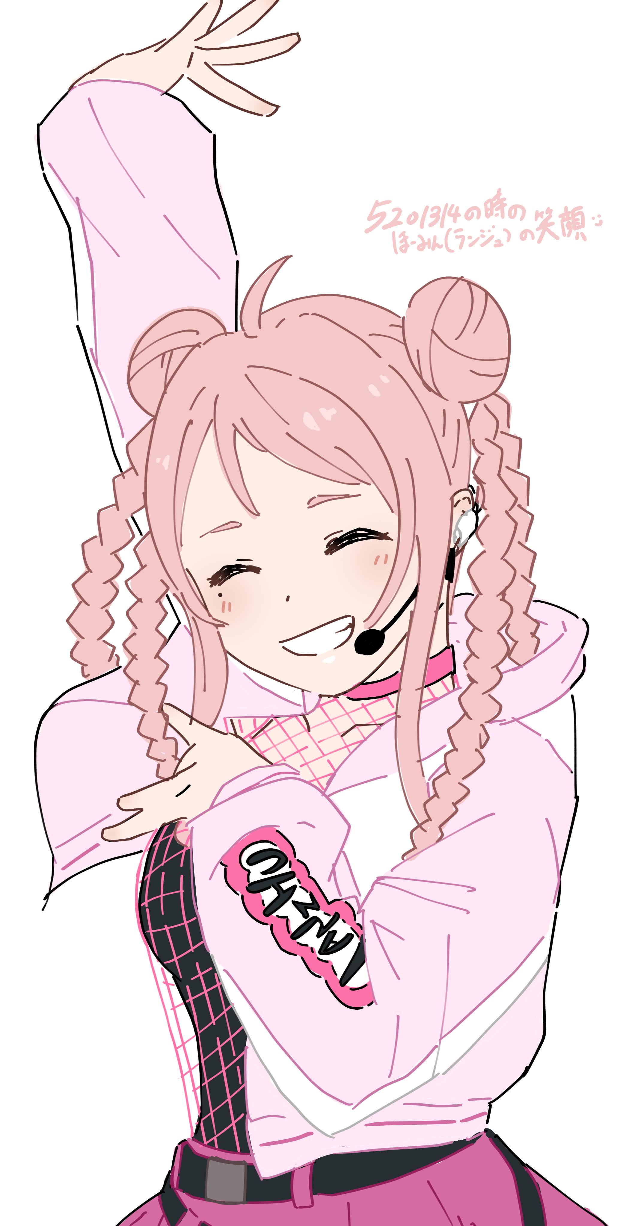 1girl absurdres ahoge belt black_belt blush braid braided_pigtails breasts chinese_text choker ear_microphone eyebrows fishnets hair_bun highres jacket love_live! love_live!_nijigasaki_high_school_idol_club microphone mole mole_under_eye name_on_shirt pink_choker pink_hair pink_skirt poses skirt smile song_name teeth white_background zhong_lanzhu