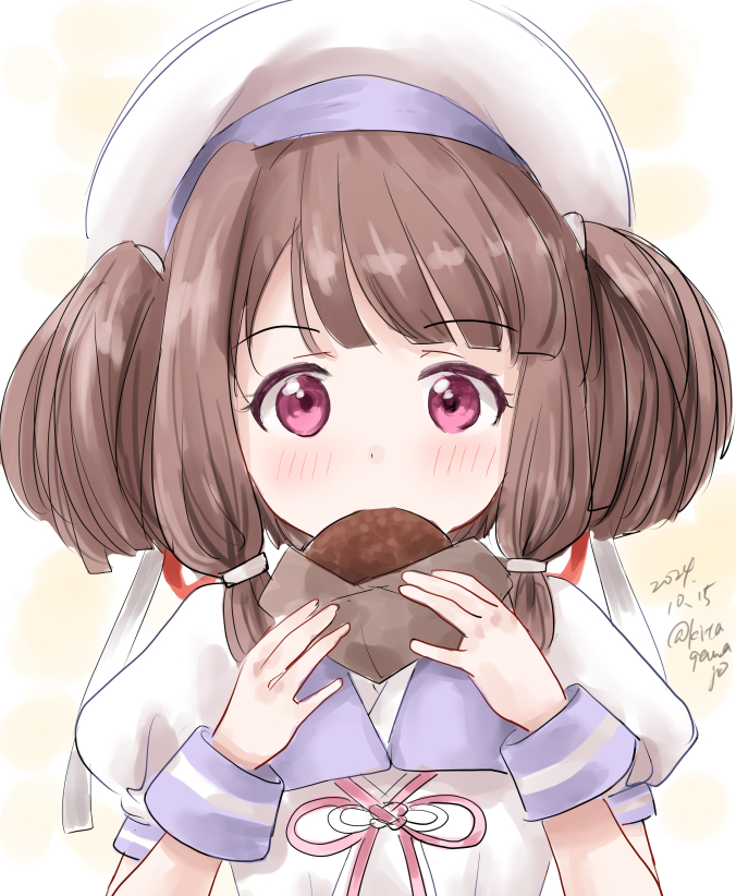 1girl blue_sailor_collar bread brown_hair eating food gloves hat kantai_collection kitagawa_mikio kurahashi_(kancolle) looking_at_viewer one-hour_drawing_challenge purple_eyes sailor_collar sailor_hat school_uniform serafuku simple_background solo twintails white_background white_gloves white_hat