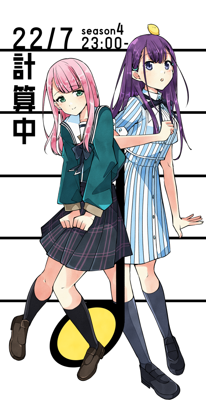 22/7 2girls asymmetrical_bangs black_bow black_bowtie black_ribbon black_shoes black_skirt black_socks blunt_bangs bow bowtie brown_footwear center-flap_bangs clenched_hands dress fanged_bangs food fruit full_body green_eyes green_shirt grey_socks hair_ornament highres ichinose_hotaru kamiki_mikami lemon loafers long_hair long_sleeves looking_at_viewer mole mole_under_eye multiple_girls musical_note neck_ribbon pink_hair plaid_clothes plaid_skirt pleated_skirt purple_eyes purple_hair quarter_note ribbon rikaisha rokubanchou_school_uniform sailor_collar school_uniform serafuku shirt shoes short_sleeves skirt smile socks striped_clothes striped_dress trefle_r vertical-striped_clothes vertical-striped_dress white_sailor_collar winter_uniform