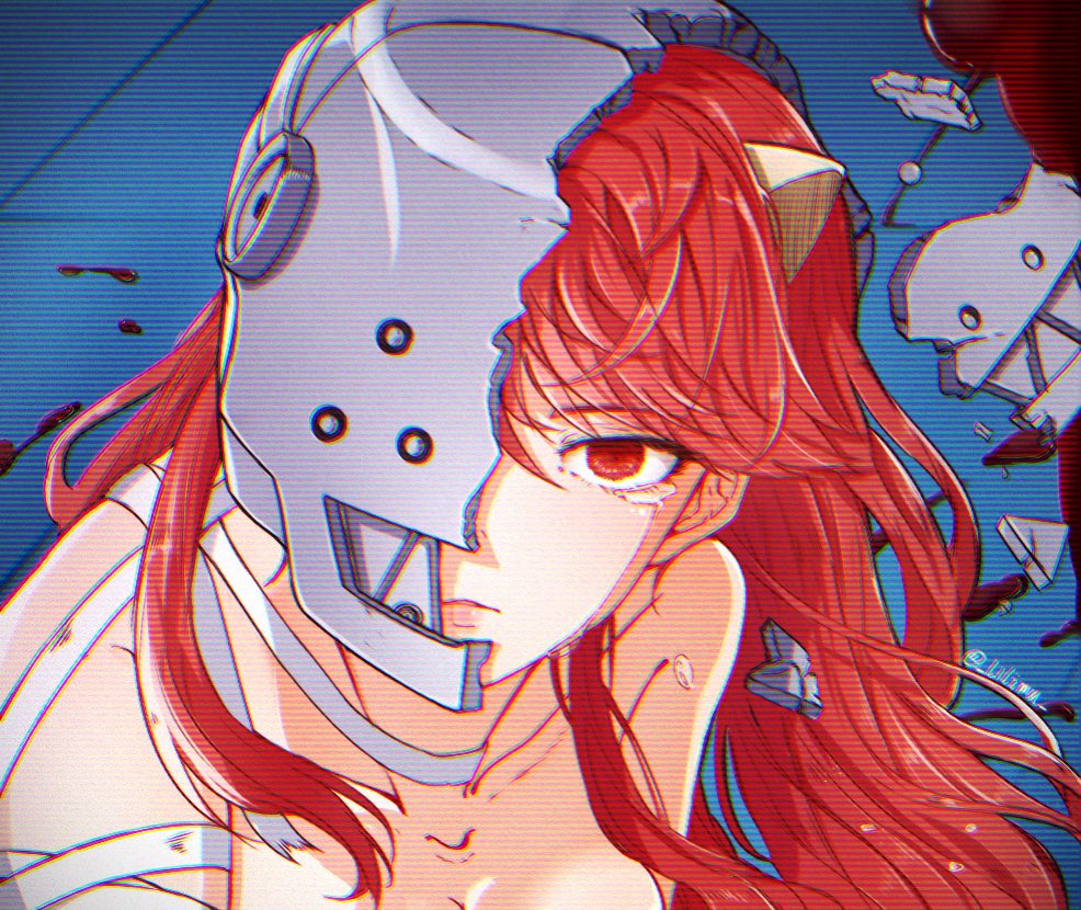 1girl bandages blood blood_on_ground breasts broken_helmet broken_mask cleavage clenched_hands debris elfen_lied expressionless helmet horns light_frown lilium815719 lips looking_at_viewer lucy_(elfen_lied) mask meme naked_bandage nude parted_lips pool_of_blood red_eyes red_hair sailor_moon_redraw_challenge_(meme) solo steel_mask tearing_up tears tile_floor tiles