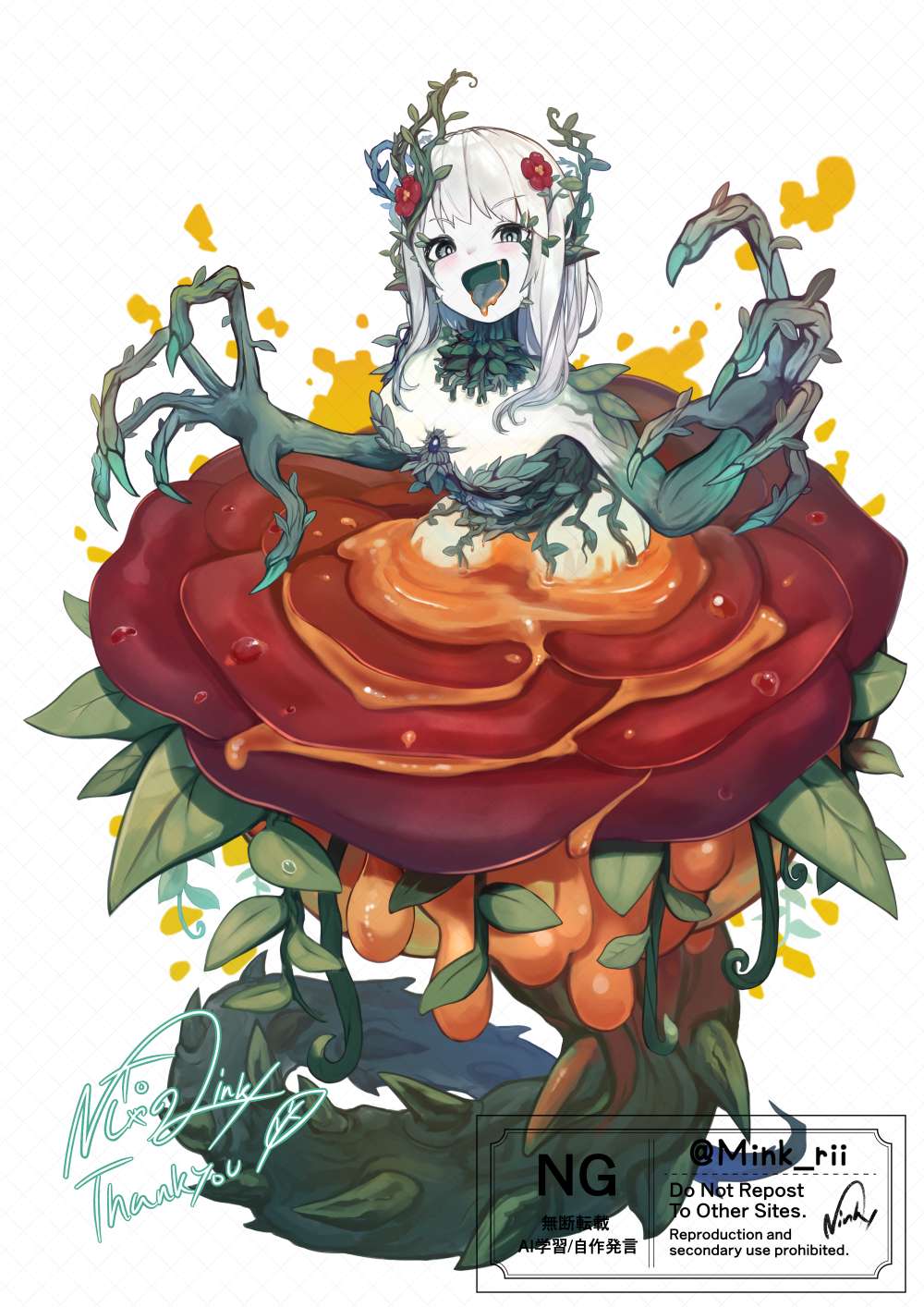 1girl alraune breasts claws commentary_request flower full_body grey_eyes highres long_fingers long_hair looking_at_viewer minksama monster_girl nectar original plant_girl red_flower red_rose rose simple_background small_breasts solo tongue tongue_out white_background white_hair