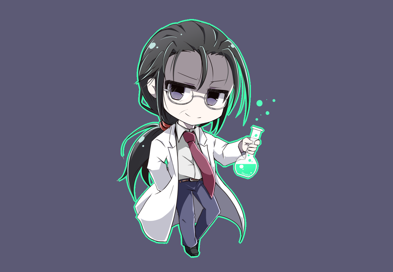 1boy black_footwear black_hair chibi collared_shirt final_fantasy final_fantasy_vii glasses grey_eyes grey_pants hair_between_eyes hair_tie hand_in_pocket holding_beaker jacket lab_coat low_ponytail male_focus nanao_(zonzonsh) necktie pants ponytail professor_houjou red_necktie shirt solo white_jacket white_shirt wrinkled_skin