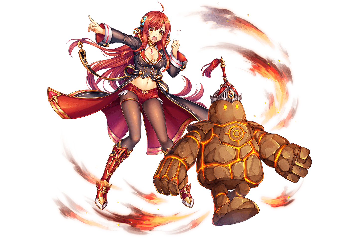 1girl ahoge amanor_(kamihime_project) artist_request bad_source breasts buttons cleavage full_body game_cg golem jewelry kamihime_project long_hair navel official_art open_mouth orange_eyes pantyhose pointing red_hair ring short_shorts shorts solo third-party_source transparent_background