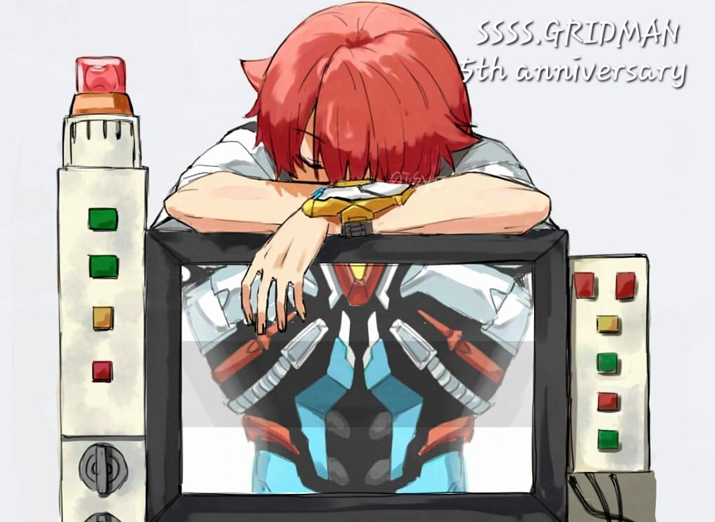 1boy acceptor anniversary closed_eyes computer gridman_(ssss) gridman_universe hibiki_yuuta monitor red_hair risyo shirt short_hair short_sleeves sleeping ssss.gridman tokusatsu white_shirt